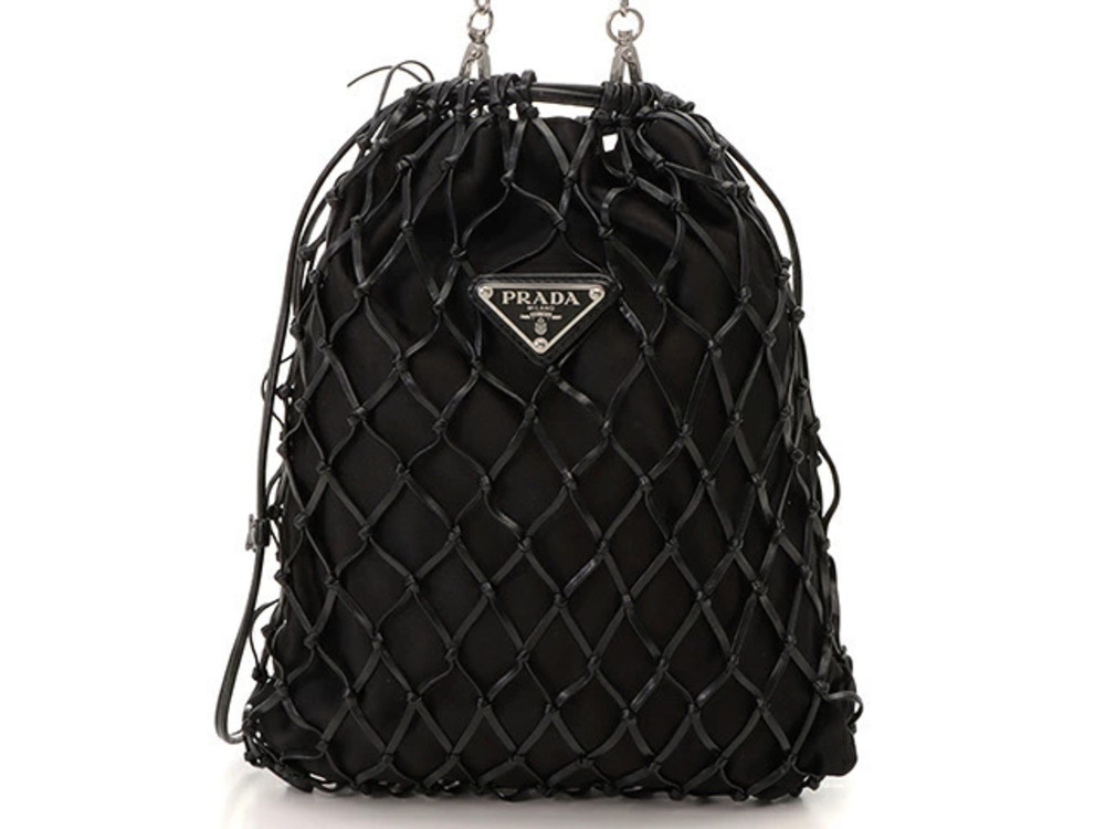 Prada mesh chain shoulder bag satin leather black